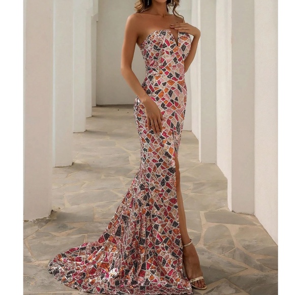 Luxe Colorful Sequin Strapless Formal Prom Wedding Dress - Picture 6 of 7